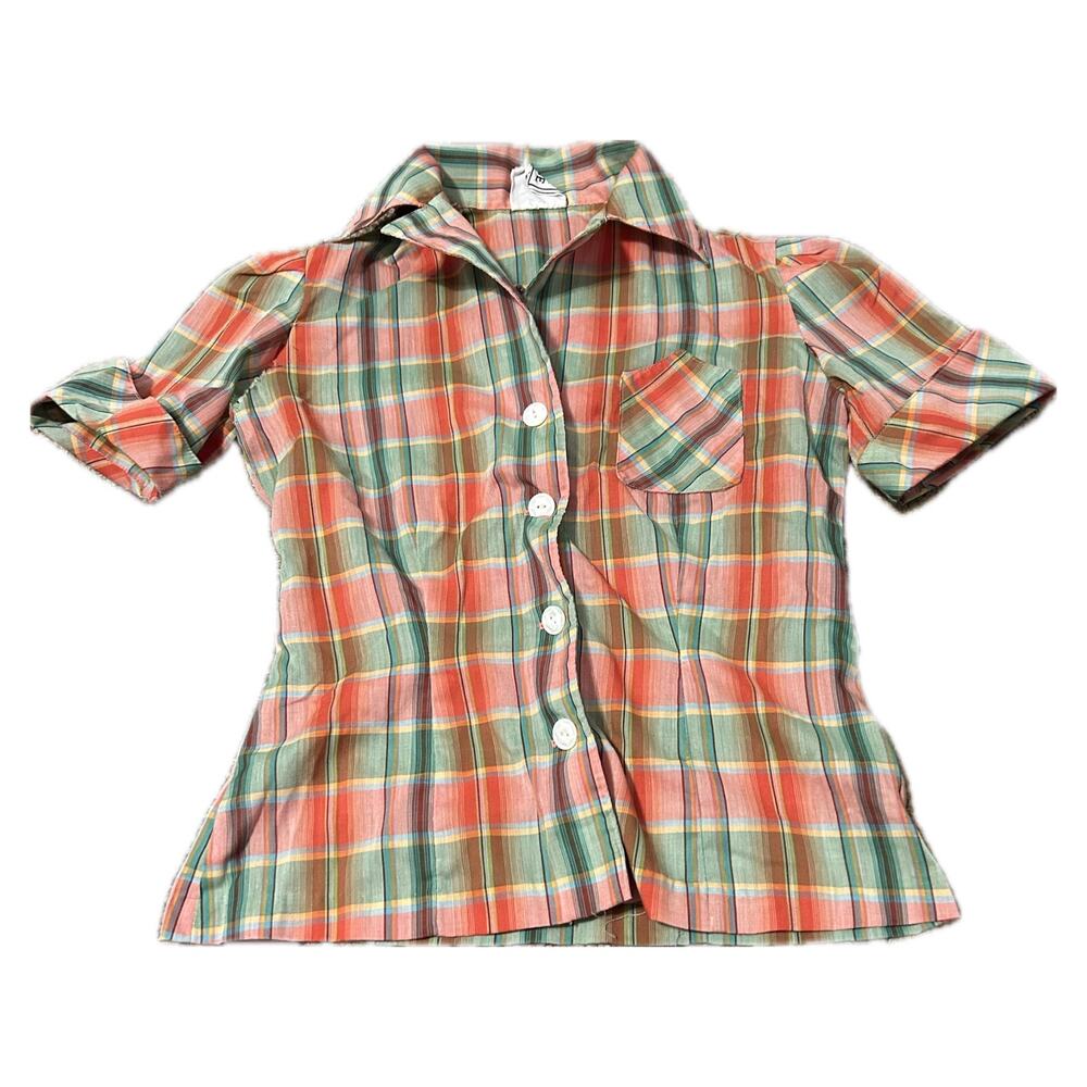 1970s Pink and Green Plaid Button Up Blouse shirt / medium